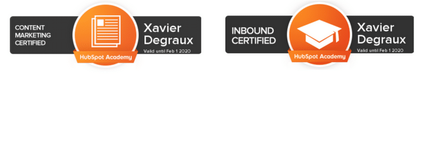 Certificats Hubspot inbound et content marketing Xavier Degraux