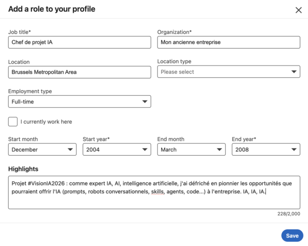 Capture d'écran parodiant la modification d'un profil LinkedIn pour meiux séduire les IA et les algorithmes
