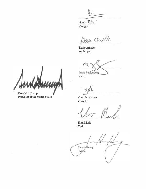 Les signataires de l'accord de la Maison-Blanche sur la superintelligence du 29 septembre 2026, Anthropic, OpenAI, Google, Meta, xAI et Nvidia