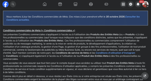 Conditions commerciales de Meta - Octobre 2026
